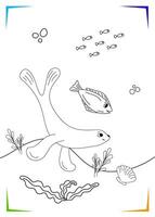 Black and white Sea lion, Fur seal, fish, shell, algae Coloring page. Marine vector illustration