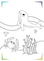 Black and white crab, whale, seaweed Coloring page. Marine underwater inhabitant vector illustration