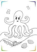 Black and white octopus, shell, seaweed Coloring page. Underwater inhabitants vector illustration.