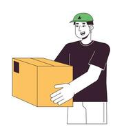 Happy courier holding package flat line color vector character. Express delivery. Editable outline half body person on white. Delivery man simple cartoon spot illustration for web graphic design