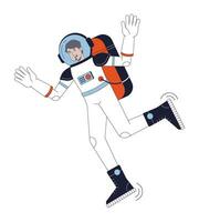 astronauta en espacio traje plano línea color vector personaje. árabe hombre en cosmos. editable contorno lleno cuerpo persona en blanco. sencillo dibujos animados Mancha ilustración para web gráfico diseño