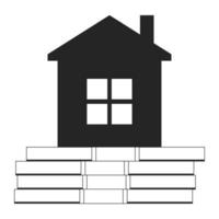 Residential building on cash flat monochrome isolated vector object. Money for house. Mortgage. Editable black and white line art drawing. Simple outline spot illustration for web graphic design