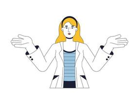 Happy woman in lab coat confused shrugging flat line color vector character. Female scientist. Editable outline full body person on white. Simple cartoon spot illustration for web graphic design