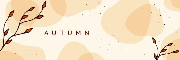 Vector Autumn horizontal banner. Falling leaves, dots, line, transparent shapes in autumn colors.