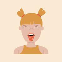 The girl shows the geographical language. Symptom of stomatitis, candidiasis, allergies. Vector illustration in flat style