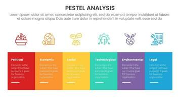 pestel business analysis tool framework infographic with rectangle table box with symmetric balance right direction 6 point stages concept for slide presentation vector