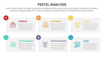 pestel business analysis tool framework infographic with table box and small circle badge 6 point stages concept for slide presentation vector