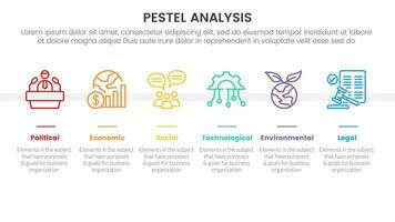 pestel business analysis tool framework infographic with horizontal balance symmetric layout 6 point stages concept for slide presentation vector