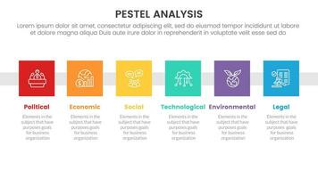 pestel business analysis tool framework infographic with small square badge right direction 6 point stages concept for slide presentation vector