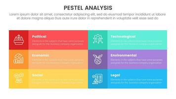 pestel business analysis tool framework infographic with long rectangle box shape table information 6 point stages concept for slide presentation vector