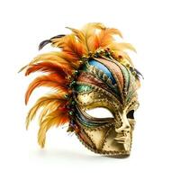 Venetian carnival mask with feathers isolated on white background. photo