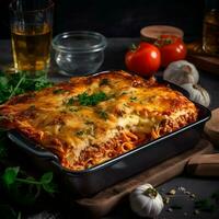 Traditional italian lasagna bolognese in baking dish on dark background photo