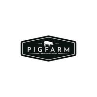 Vintage pig farm logo design with hipster drawing style vector