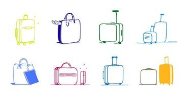 A set of sketches of various travel suitcases. Color vector illustration.