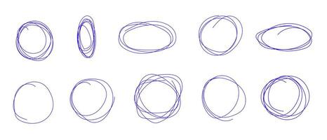 Hand-drawn ovals, circles in a continuous line. Doodle collection, swirling lines oval, round shape. vector