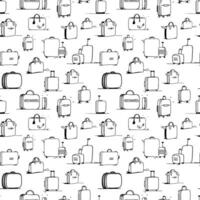 Black and white background with suitcases in continuous line drawing style. Luggage collection seamless pattern. vector