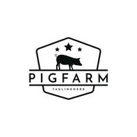 Vintage pig farm logo design with hipster drawing style vector