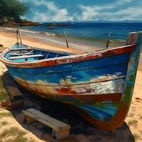 pescar barco en el playa. digital cuadro. ilustración. foto