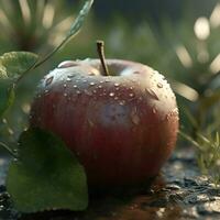 Red apple with dew drops on the ground in the garden. photo