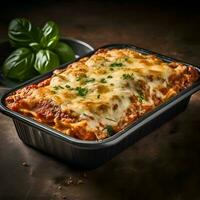 Baked lasagna with minced meat and parmesan cheese on dark background photo