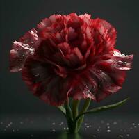 Red carnation flower with water drops on dark background. 3d render photo