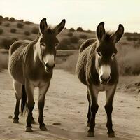 Two donkeys walking in the desert. Monochrome image. photo