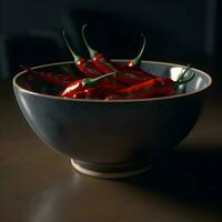 Hot chili peppers in a bowl on a dark background. Selective focus. photo