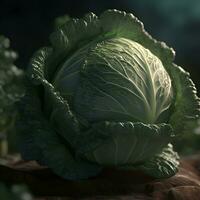 Cabbage in the garden on a wooden board. Dark background. photo