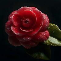 rojo camelia flor con Rocío gotas en negro antecedentes. foto