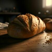 Freshly baked bread on wooden table in kitchen  closeup view photo