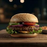Big tasty hamburger on wooden table  closeup. Concept of fast food photo