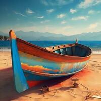 Fishing boat on the beach at sunset. Colorful landscape. photo