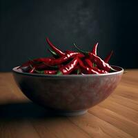 Red hot chili peppers in a bowl on a wooden table. Dark background. photo