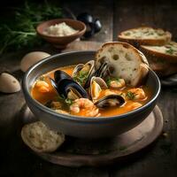 Seafood soup with mussels in a bowl on wooden background photo