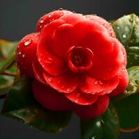 Beautiful red camellia flower with water drops on black background photo