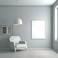 Interior with white armchair and blank poster. 3d render photo