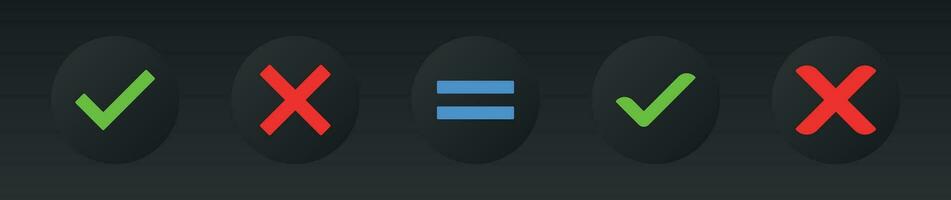 Neomorphic style check mark, cross mark dark color icon set EPS10. vector