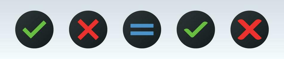 Neomorphic style check mark, cross mark dark circle color icon set. vector