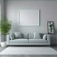 Interior of modern living room with gray sofa and mock up poster. 3d render photo