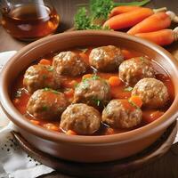 Meatballs with carrot and parsley in a bowl on a wooden table photo