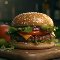 Cheeseburger with fresh vegetables on cutting board on dark background photo