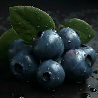 Fresh blueberries with water drops on dark background  close-up photo