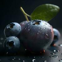 Fresh blueberries with water drops on black background  close-up photo