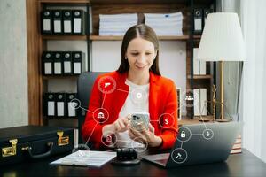 justice and law concept. woman lawyer working and judge in a courtroom the gavel, working with tablet and laptop in office photo