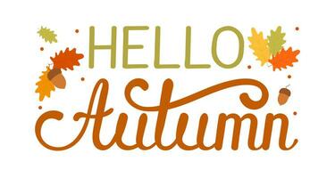 Vector illustration. Hello autumn lettering isolated on white background. Hand drawn lettering text. Festive autumn banner, Card, invitation. Decorative elements in autumn leaf colors