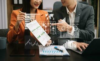 Data Management System with Business Analytics concept. business team hands working with provide information for Key Performance Indicators and marketing analysis onn virtual computer photo