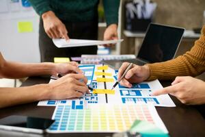 vista del equipo de desarrolladores de ui haciendo una lluvia de ideas sobre su proyecto con una computadora portátil, un teléfono inteligente y una tableta digital. agencia creativa de desarrollo digital. foto