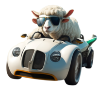 3D illustration of a cute sheep driving a race car. It is suitable for poster design elements. AI Generate images. png