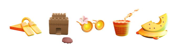 3D icon summer collection rendered isolated on the transparent background. slipper, sand castle, sunglasses, sand bucket, and watermelon object for your design. png