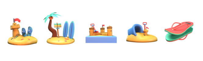 3d icône été collection rendu isolé sur le transparent Contexte. pantoufle, surfant conseil, le sable château, le sable seau, et pastèque pantoufle objet pour votre conception. png